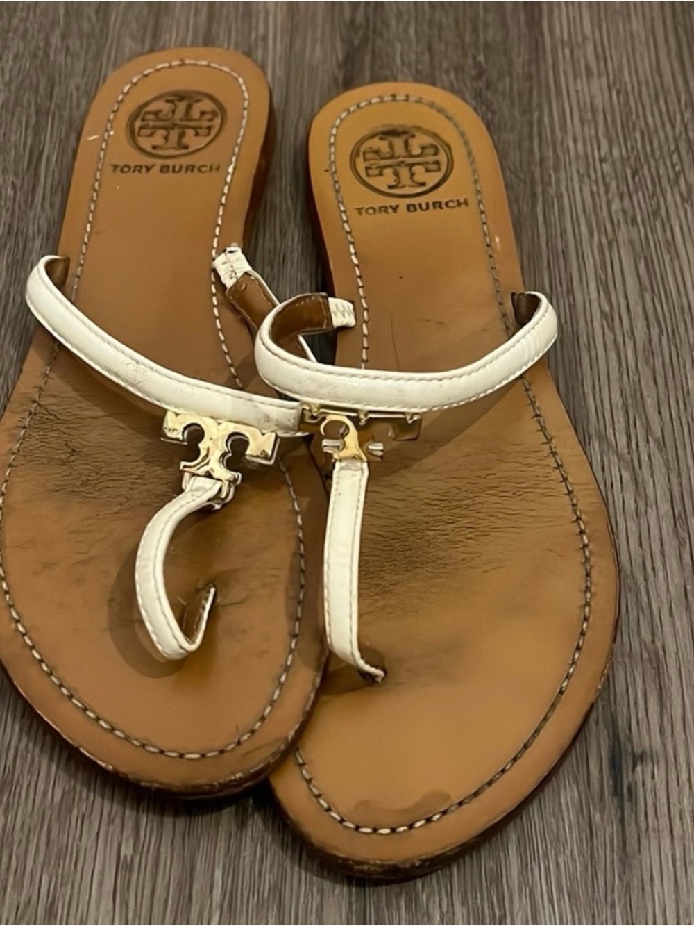 Tory Burch White and Tan Miller Logo Thong Sandals